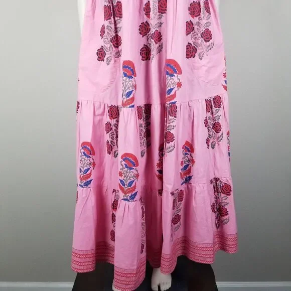 Oliphant Tuckernuck Boca Pink Puff Sleeve Midi Cotton Block Print Dress Size S - Picture 6 of 15